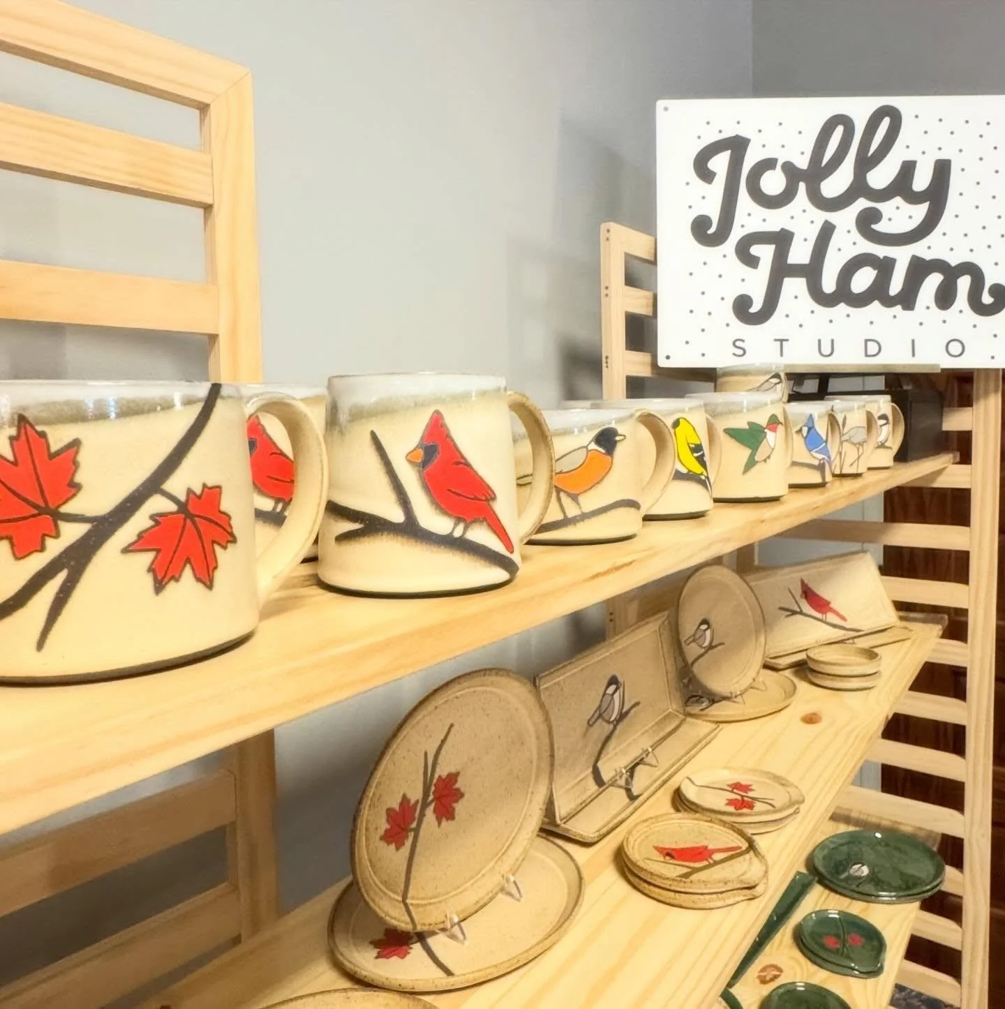 So happy to debut our new birds and maple designs, and our honey cream color in-person today, Saturday 4/25. Come through the @wmpottersguild at the St. Nicholas Cultural Center in Grand Rapids from 9am - 4pm. Hope to see you! 🐣