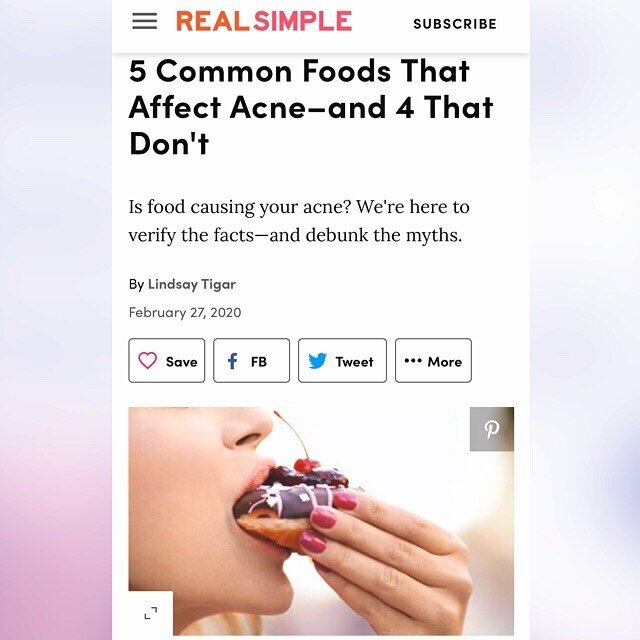 Curious about how diet affects acne? Check out these 9 tips from @real_simple. I was honored to be asked to contribute to this article to dispel some common myths! #acne  #acnetreatment #diet #mythbustermonday