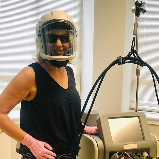 Lisa, our nurse, is modeling our futuristic, astronaut-like personal protective equipment (PPE)! The PAPR (powered air-purifying respirator) is a helmet that filters out 99.8% of particles and while providing complete head protection.  The tube on th