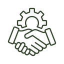 Icon of two hands shaking with a gear above them, symbolizing partnership and collaboration.