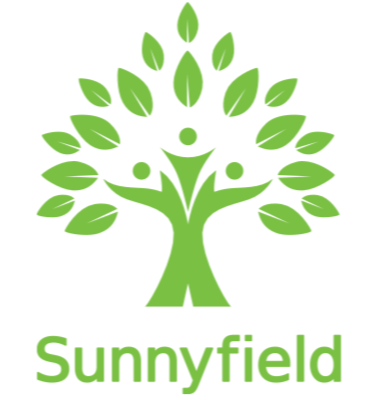 Green tree with three human figures and the word 'Sunnyfield' below.