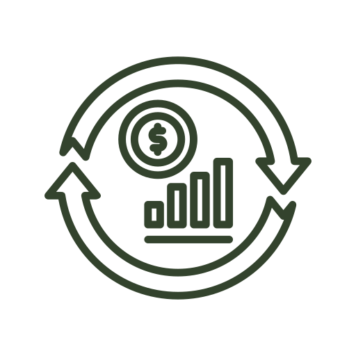A circular arrow surrounding a dollar sign, a bar chart with increasing bars, and a dollar sign with upward trend, representing financial growth or investment cycle.