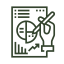 A hand holding a pen or stylus, drawing on a chalkboard or presentation board with charts, graphs, and data analysis visuals.