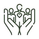 Outline of hands holding a heart with a plant growing from it, symbolizing care and growth