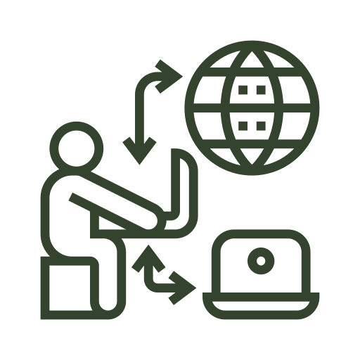 Icon of a person sitting with a laptop, connected to a globe and a server, representing remote work or online connectivity.