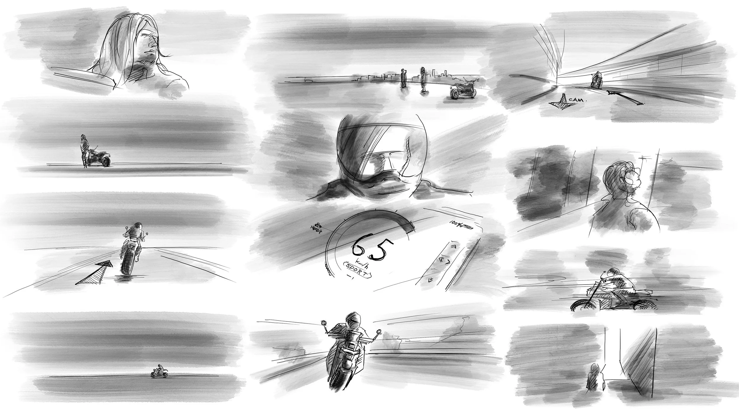 An initial sketch for a "Honda Mortorcycles" brand film idea.