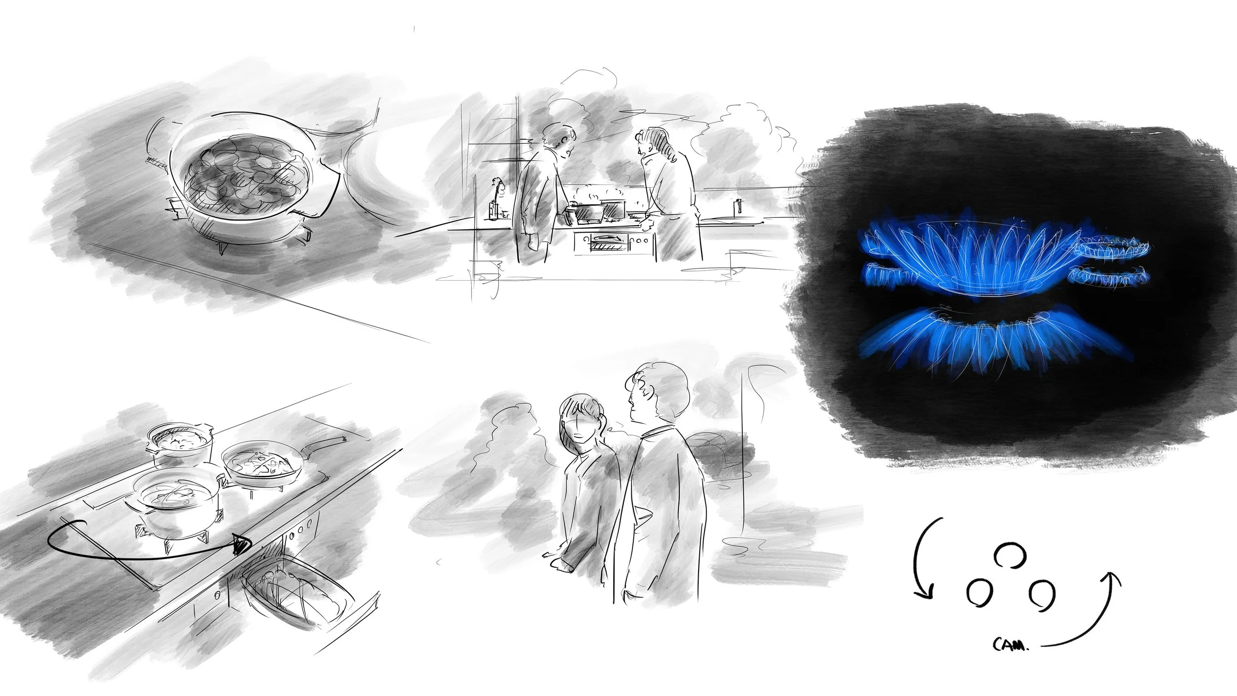 An initial sketch for a "Rinnai" brand film idea.