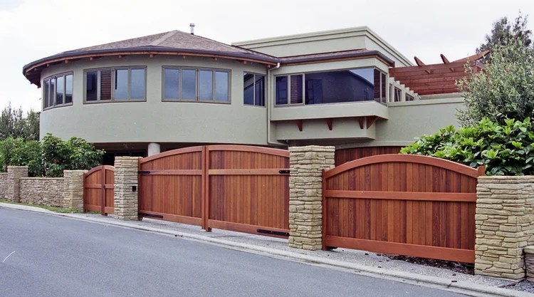 Installed Emmet timber gate showing the completed entrance design
