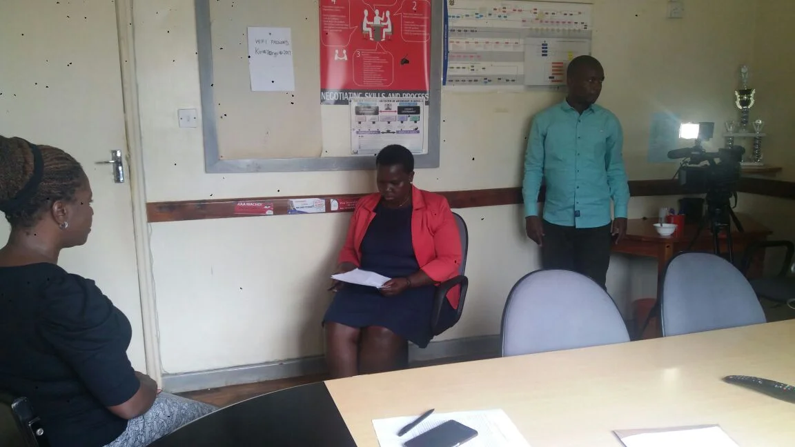 David and Mary (right) getting ready to interview Faith Alubbe at the Kenya Human Rights Commission in Nairobi. 