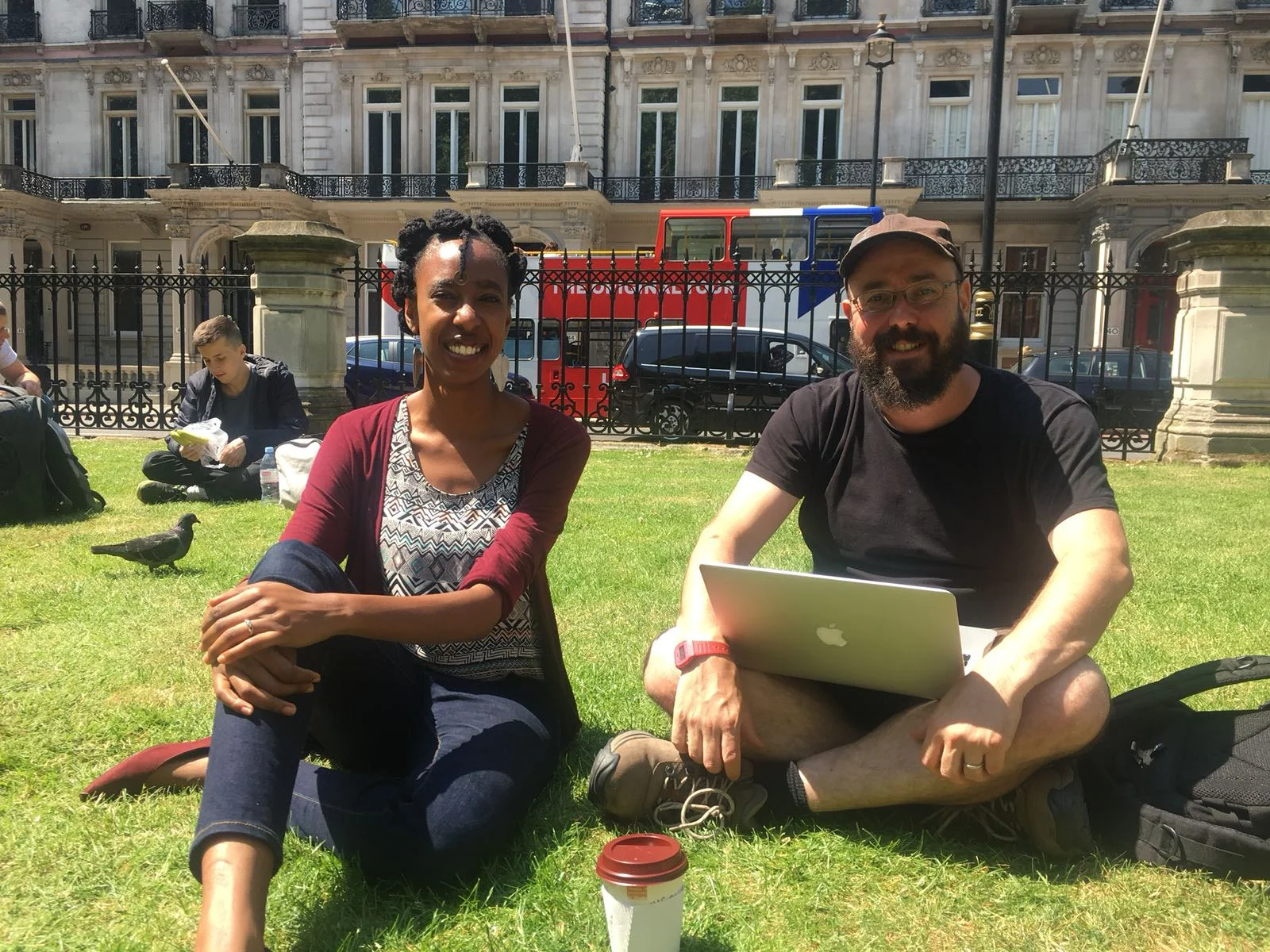 Chao and Gabe talking archeaology in Victoria. Union Jack bus not intentional.