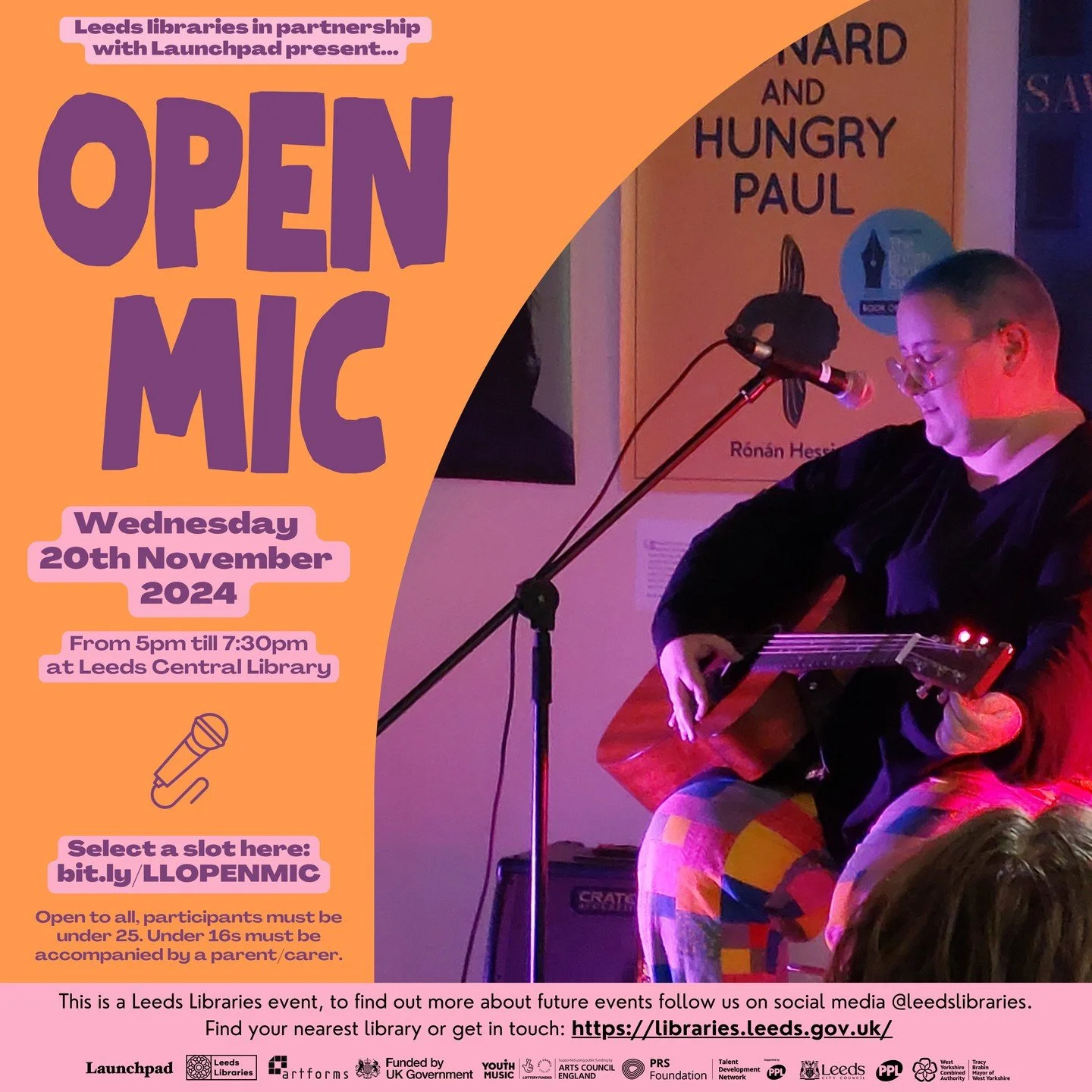 Looking for a laid-back space to share your creativity? 🎤

Join @leedslibraries in partnership with @_launchpadmusic for an Open Mic night at Leeds Central Library. Taking place on Wednesday 20th November 2024 from 5pm until 7:30pm

Whether you&rsqu