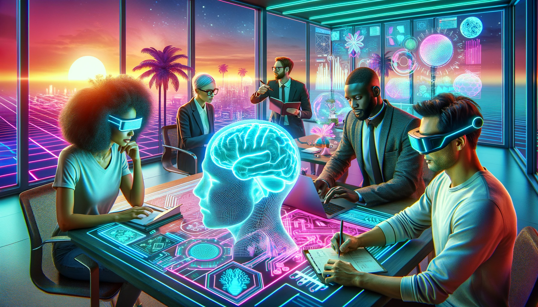 DALL·E 2023-11-08 14.21.34 - A retrowave style futuristic website hero image symbolizing an innovative mindset. Include a multicultural team collaborating in a brainstorming sessi.png