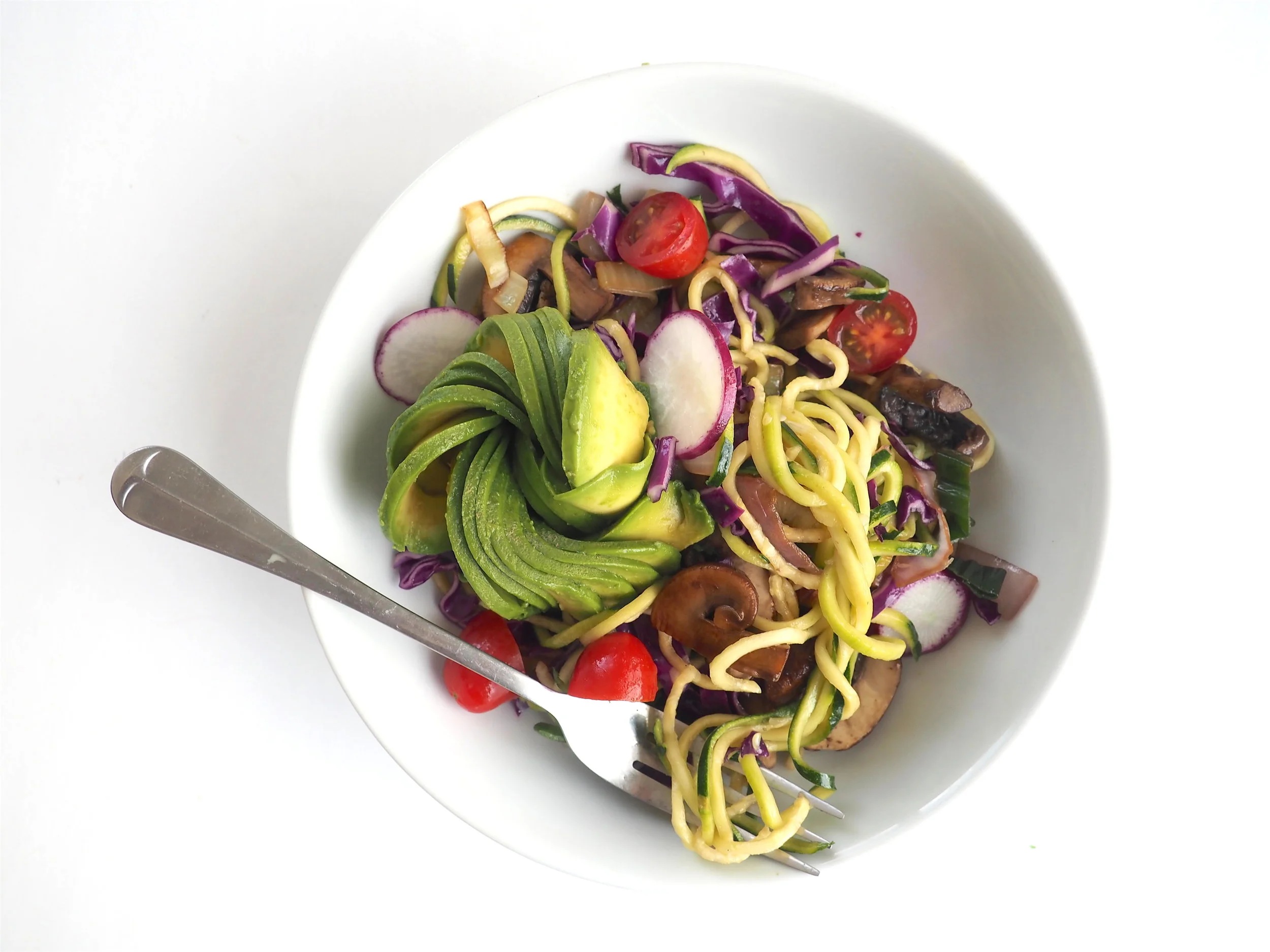Fresh Zoodles With Sautéed Leeks, Mushrooms & Avocado Flower