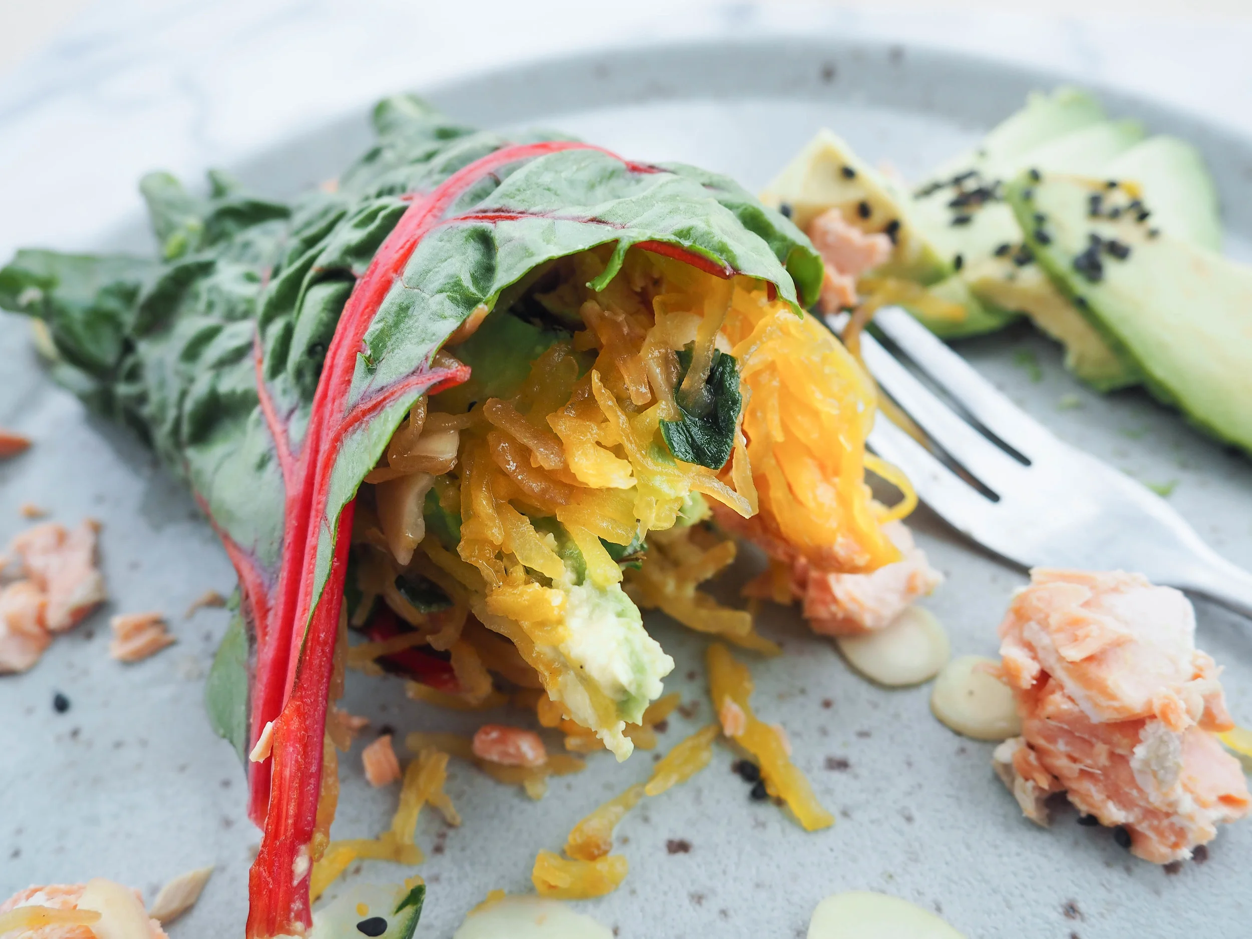 Wrap n’ Roll: Avocado-Salmon Rainbow Chard Warp