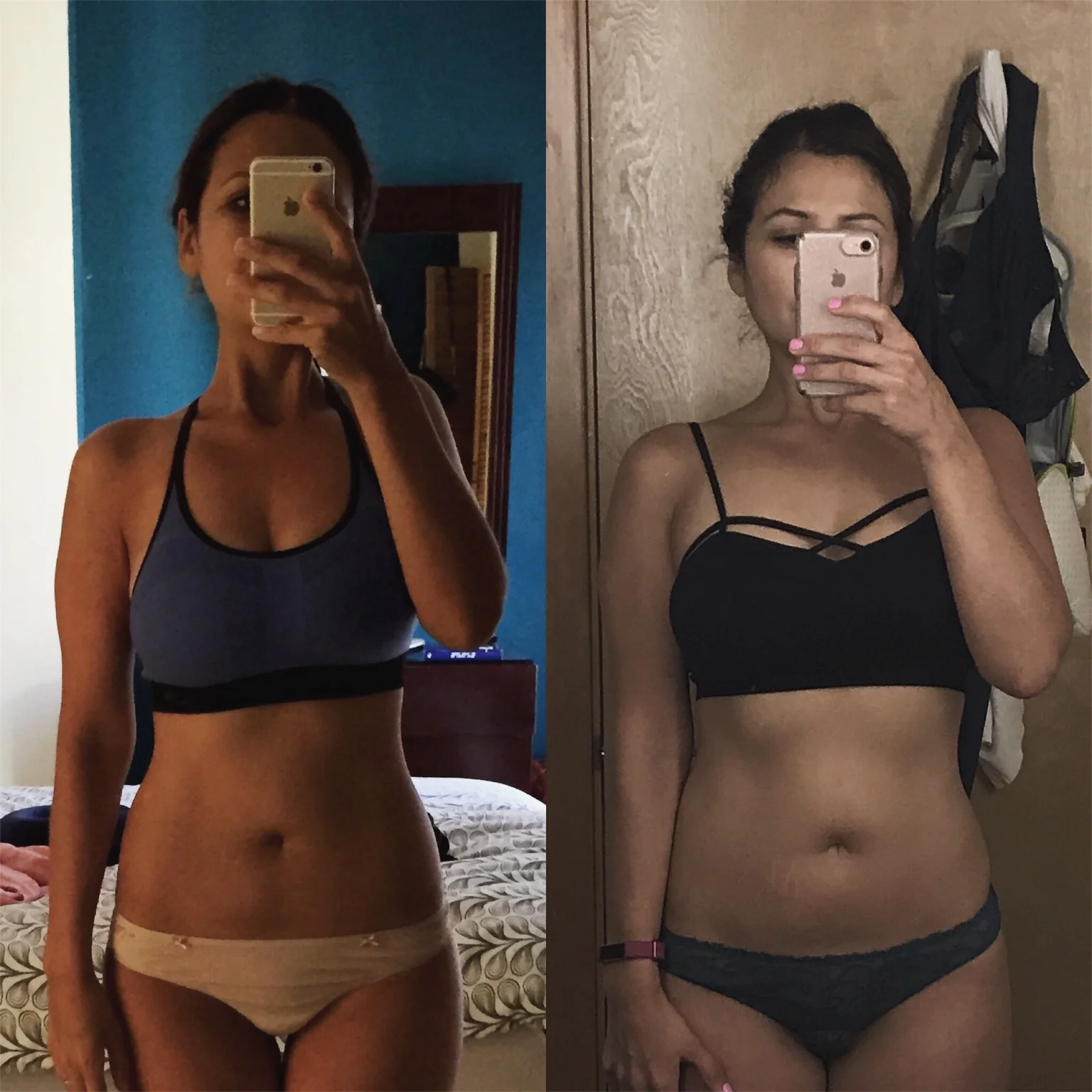 Left: 2014: Unhappy and unhealthy at 102lb and no muscle mass (aka "skinny fat."); Right: 2017: Much healthier, and building up lost muscle mass at 115-ish lb.