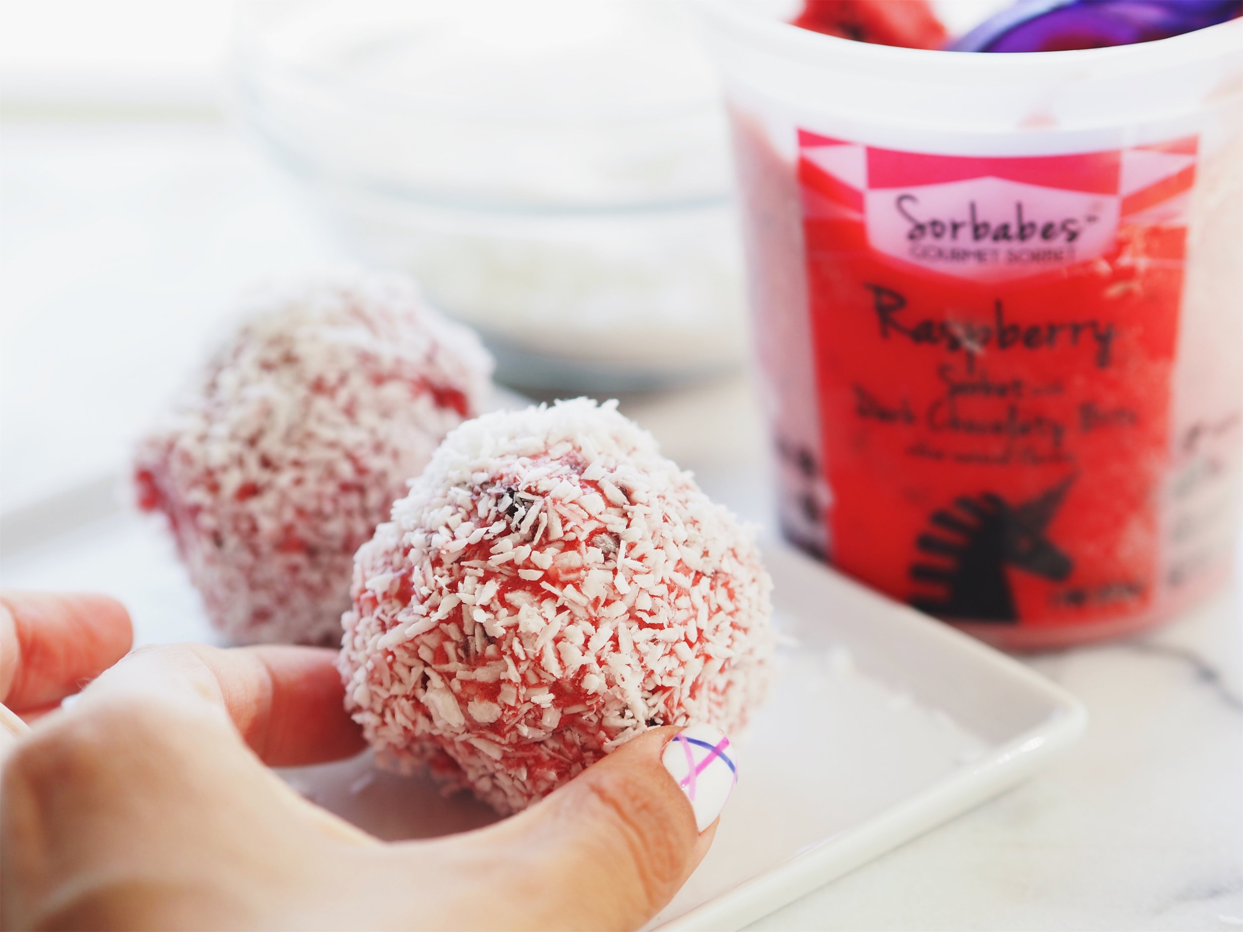 Raspberry Sorbet with Dark Chocolate Snowballs