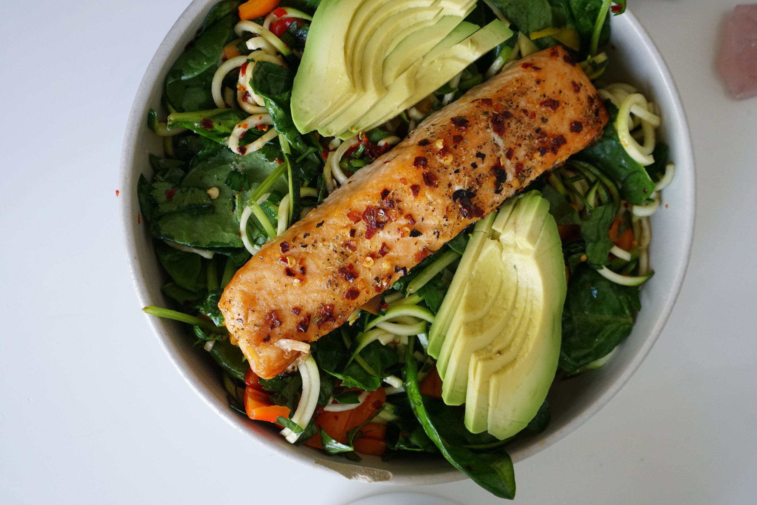 Zucchini Noodles Spinach Salad with Baked Salmon: A Healthy and Delicious Meal