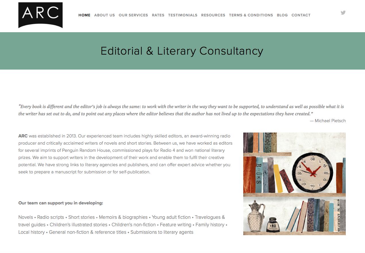  The homepage of the website I created for ARC, an editorial consultancy based in Bristol, which I managed for a couple of years. 