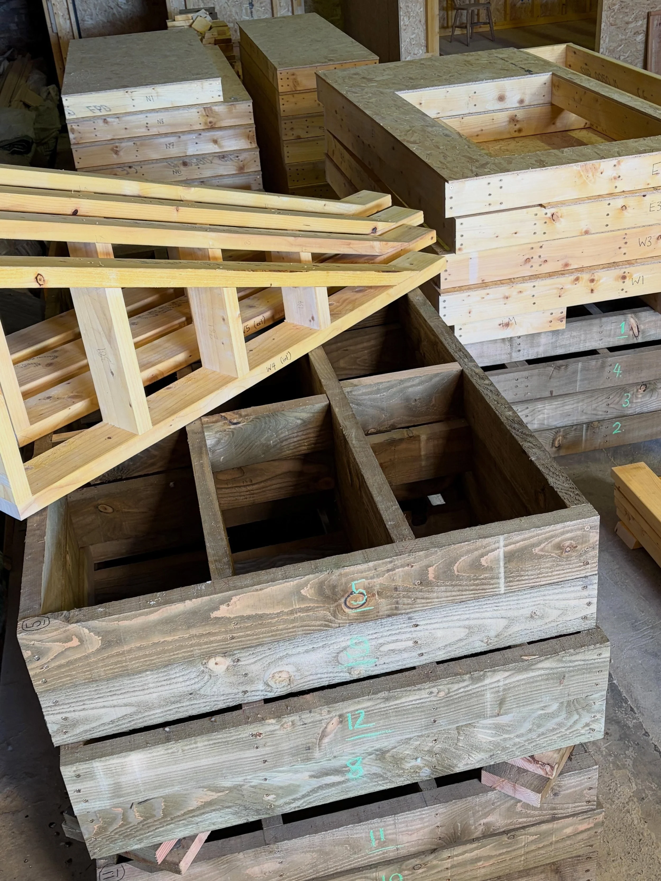 Lots of cassettes in the workshop, including some beefy central gables. Soleplate laid outside for labelling. All soon to become a private pub in a beautiful walled garden #designandbuild