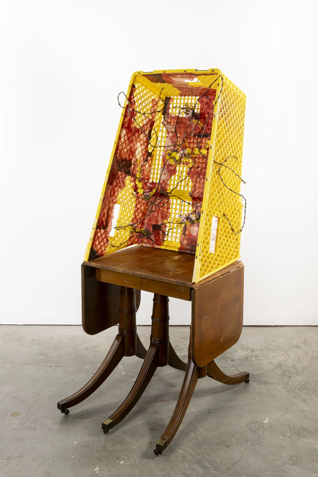  The Garden Inside, 2025, 65 x 30 x 24 inches, shopping cart, antique table, barbed wire, inkjet prints on Japanese paper, artificial flower 