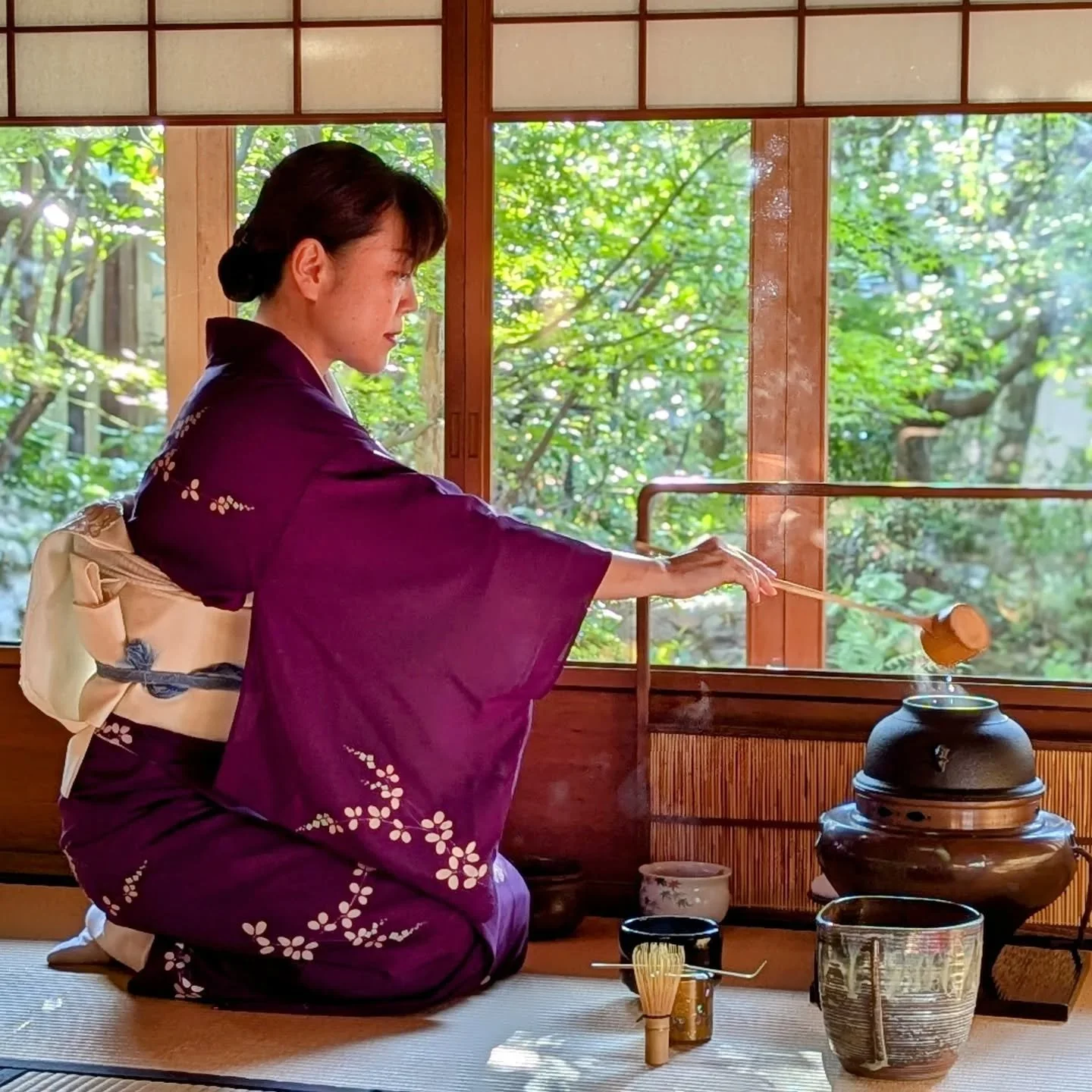 It's still hot and humid, but the quality of light has shifted in the tea room. The sunlight is softening and the colours are deepening. Autumn is on the way🙏

#teaceremony #CamelliaTeaCeremony #matcha #teahouse #抹茶 #茶道 Kyoto #autumn #GardenTeahouse