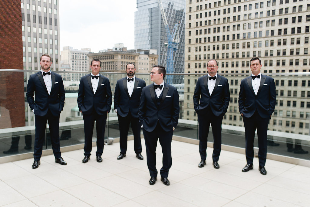 Groom and groomsmen on the rooftop Kimpton Hotel Monaco Pittsburgh Wedding