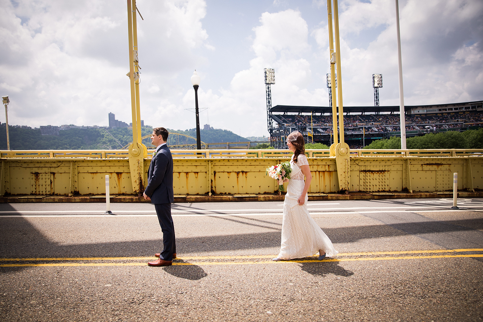 Bride and groom's first look for their school-themed vintage wedding at Ace Hotel in Pittsburgh. See more fun details at exhale-events.com