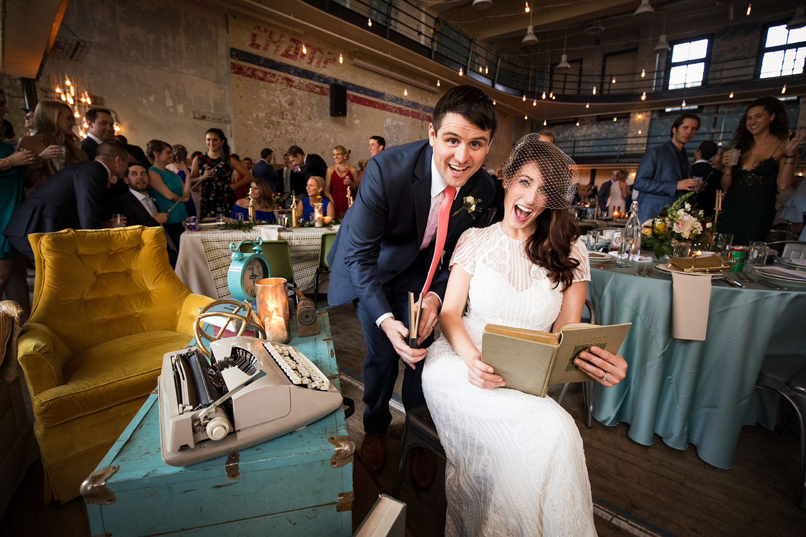 Bride and groom share a moment at their school-themed vintage wedding reception at Ace Hotel in Pittsburgh. See more fun wedding details at exhale-events.com!
