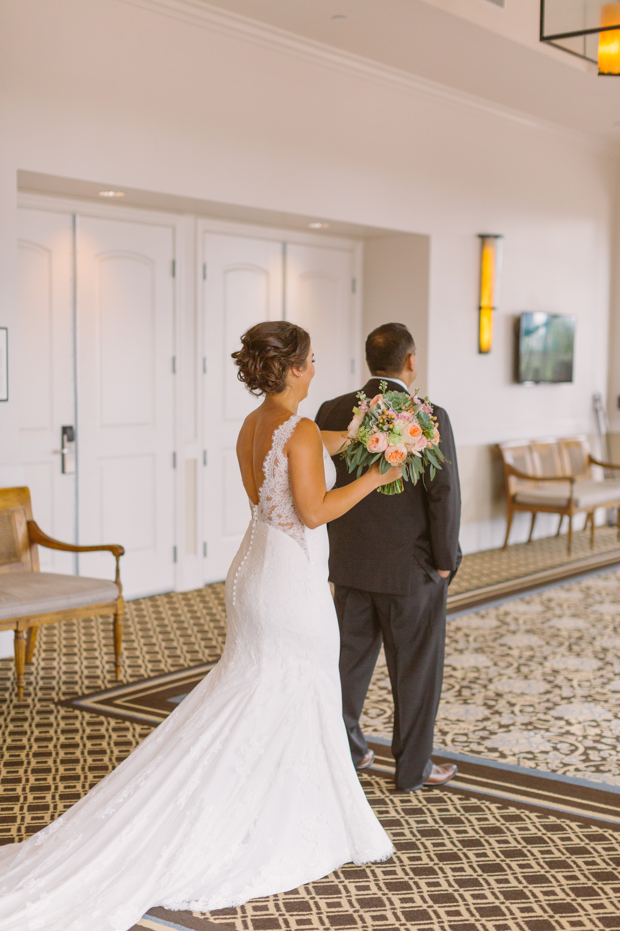 Bride shares a first look with her dad for San Diego, California outdoor wedding planned by Exhale Events. See all the beautiful details at exhale-events.com!