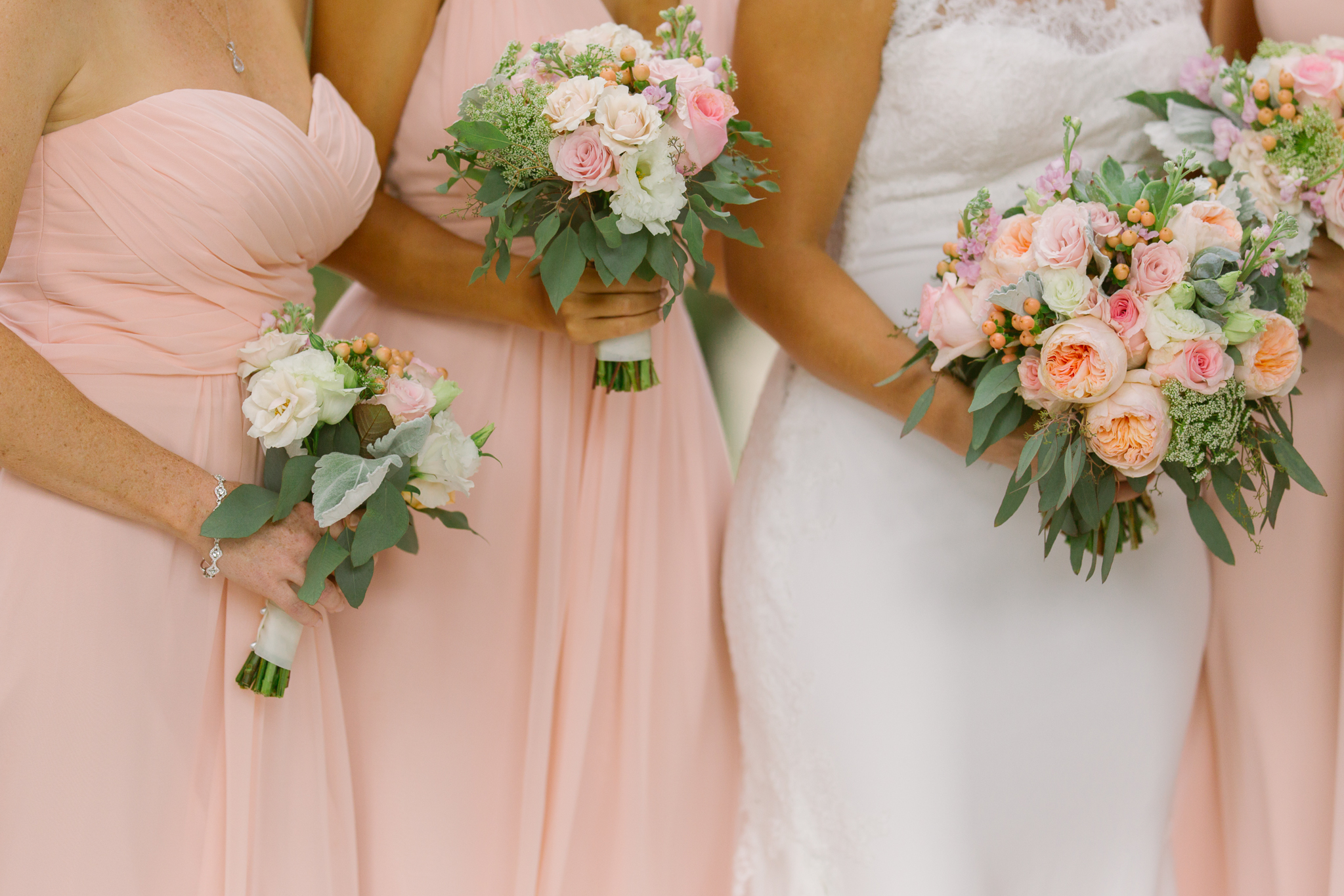 Pink wedding bouquets and pink bridesmaids dresses for San Diego, California outdoor wedding planned by Exhale Events. See all the beautiful details at exhale-events.com!