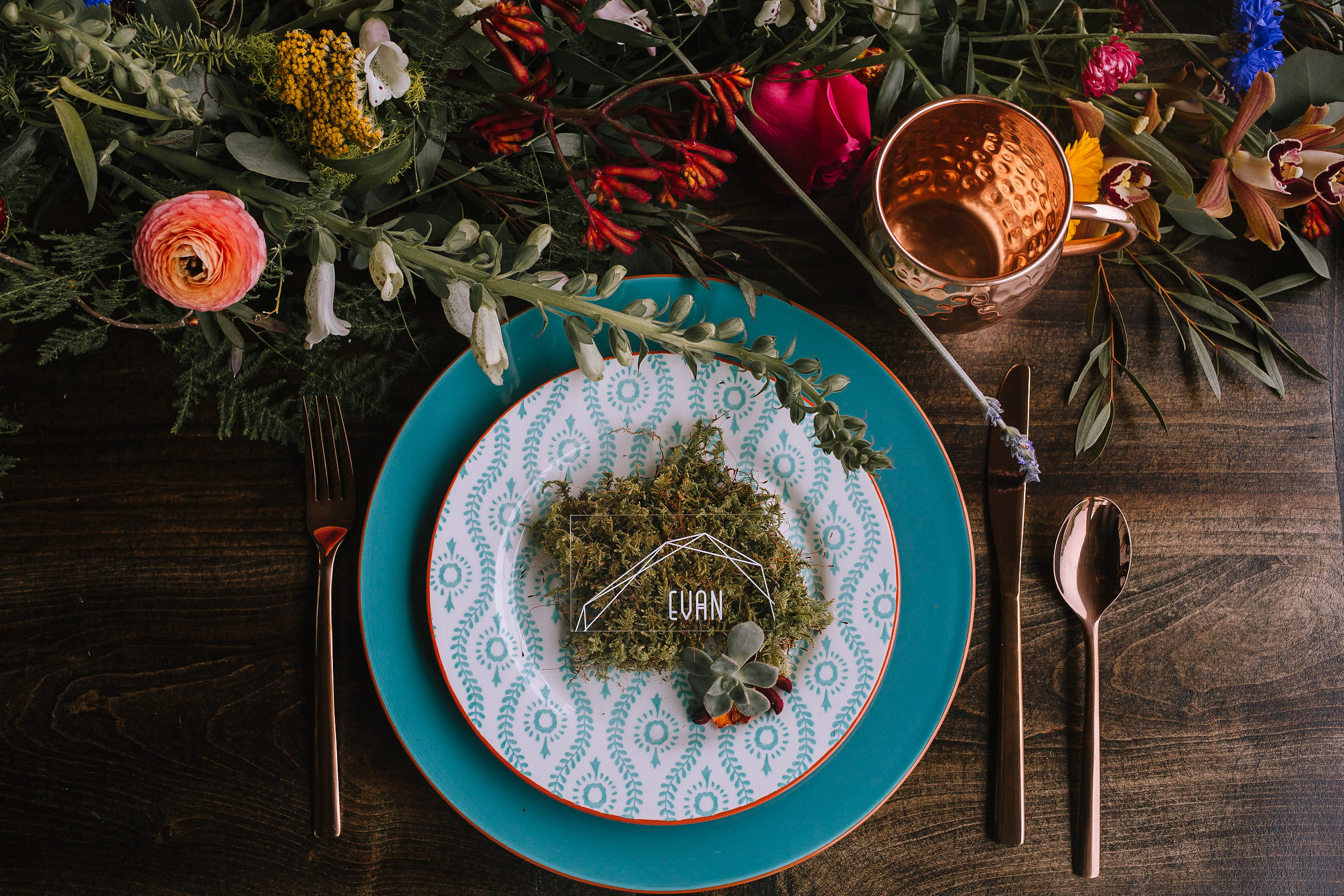 Boho wedding table setting with wedding centerpiece at fall vintage boho styled shoot designed by exhale events. Get inspired by these gorgeous wedding details at exhale-events.com!