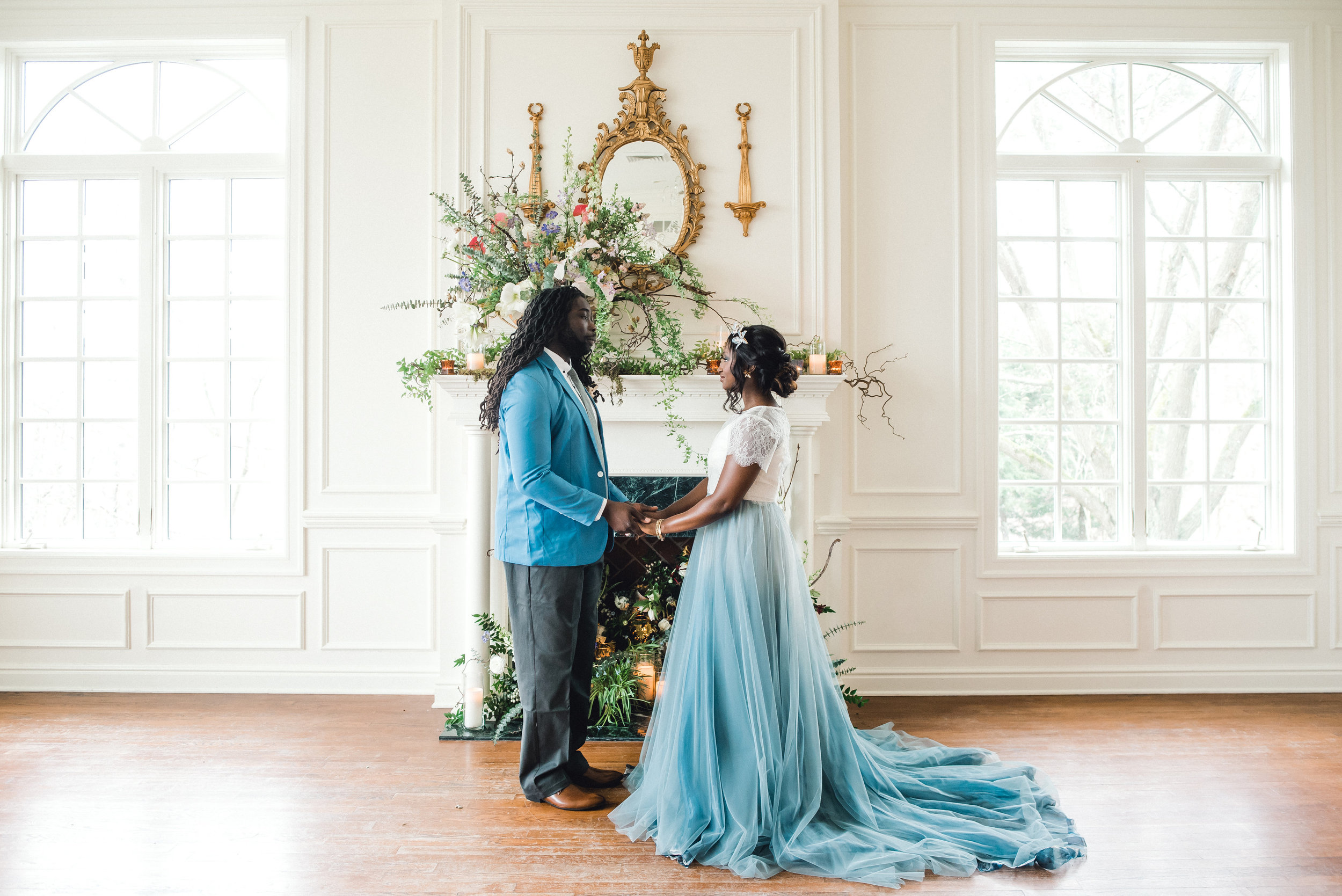 Bride and groom pose in from of wedding ceremony decor for Pablo Neruda enchanting garden styled shoot planned by Exhale Events. Get inspired at exhale-events.com!