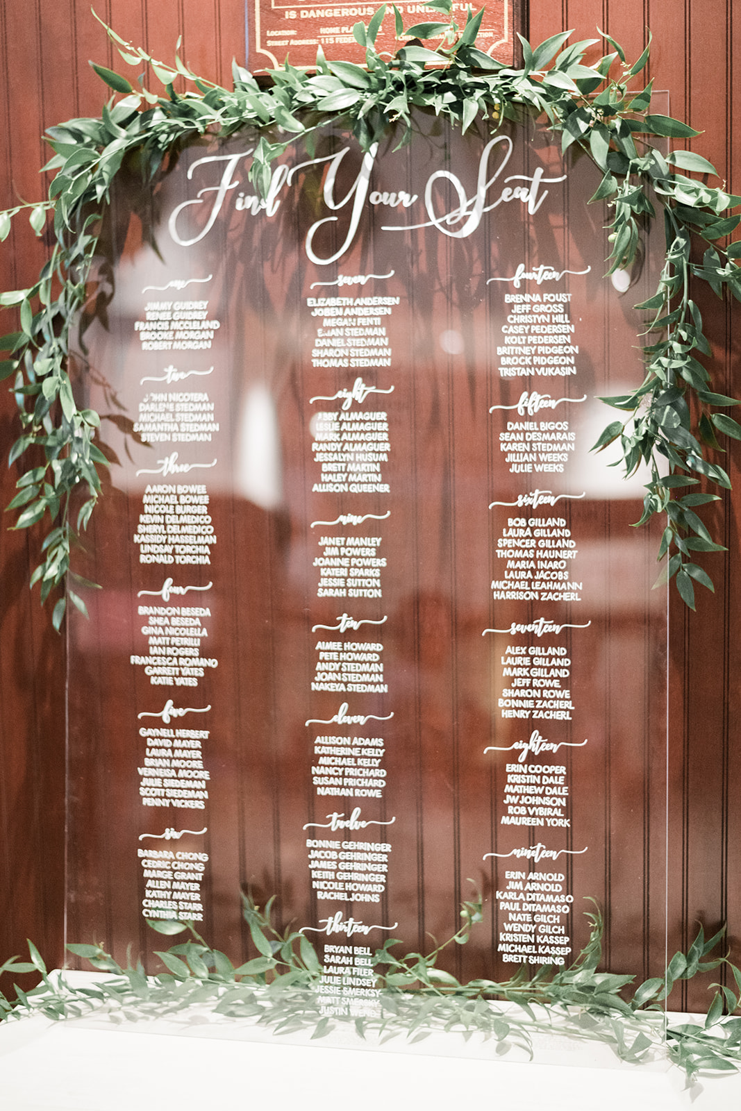 Table seating arrangements displayed on acrylic wedding sign at wedding reception for Pittsburgh wedding at PNC Park planned by Exhale Events. Find more wedding inspiration at exhale-events.com!