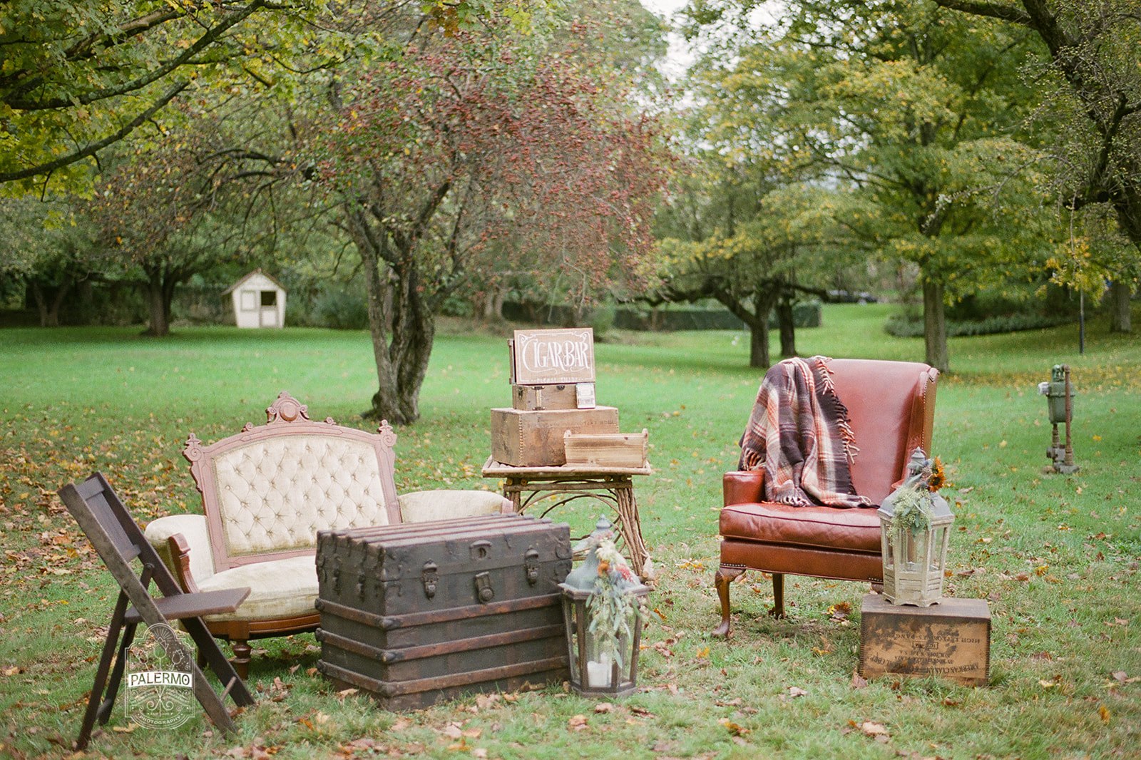 Vintage wedding reception outdoor cigar bar for fall barn wedding in Pittsburgh, PA planned by Exhale Events. Find more wedding inspiration at exhale-events.com!