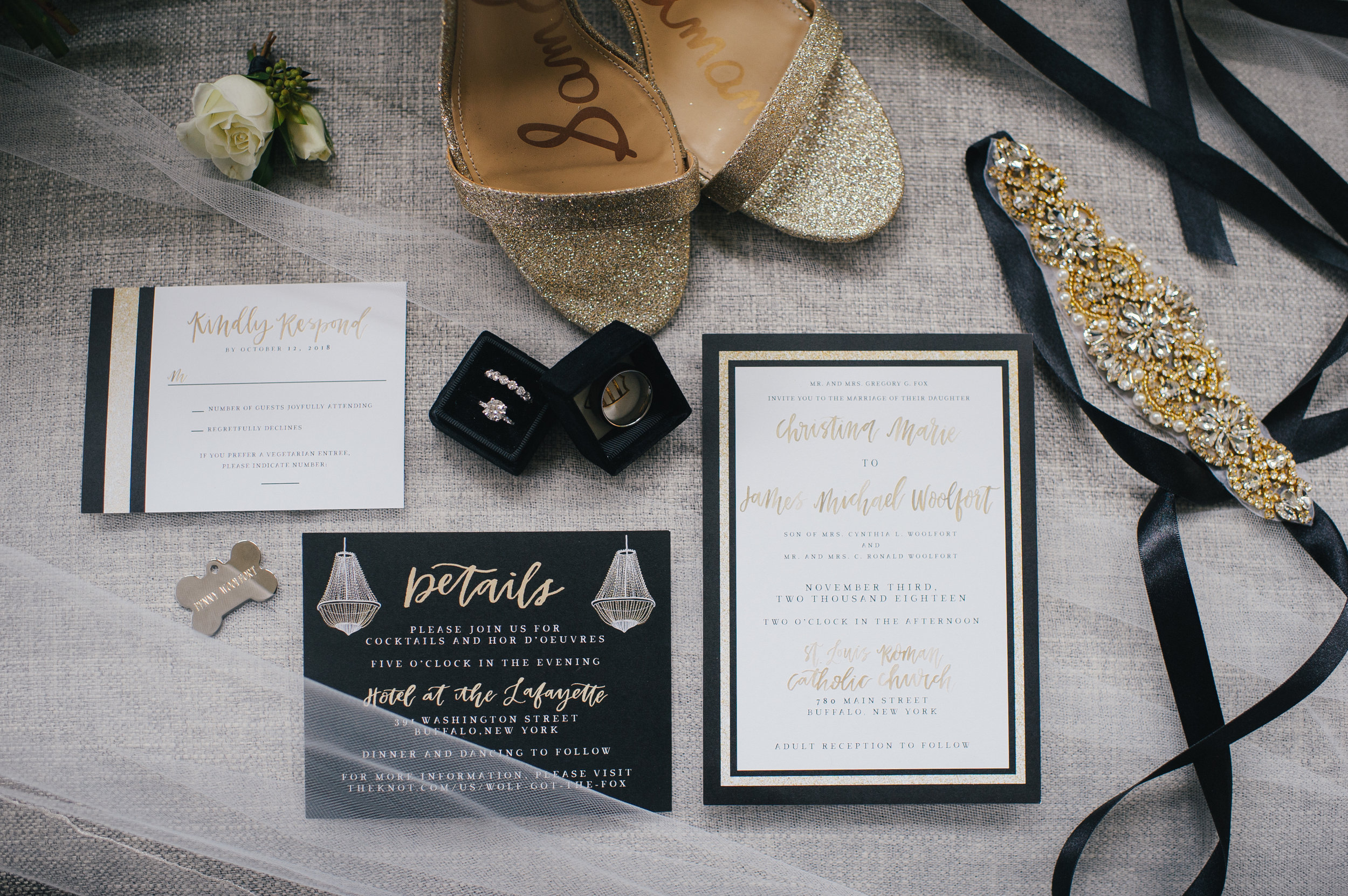 Wedding invitations and stationery with wedding details for black, white, and gold wedding in Buffalo, NY planned by Exhale Events. Find more wedding inspiration at exhale-events.com!