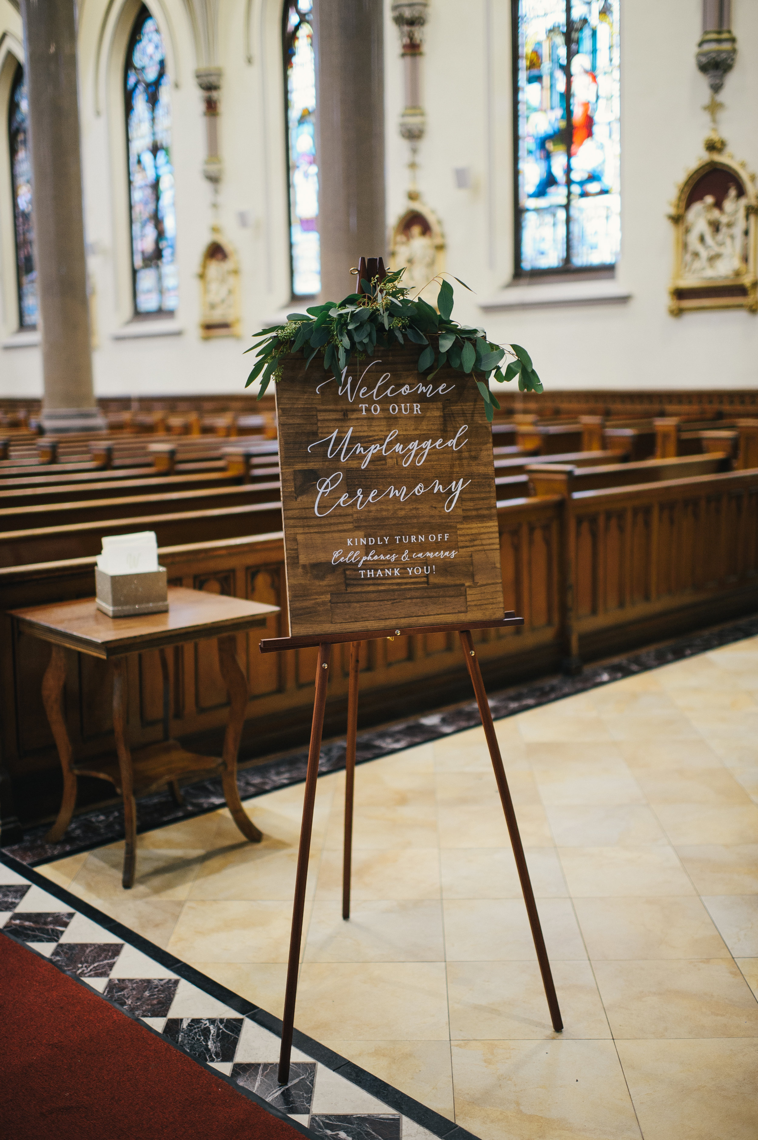 Wooden wedding sign for wedding ceremony decor at black, white, and gold wedding in Buffalo, NY planned by Exhale Events. Find more wedding inspiration at exhale-events.com!