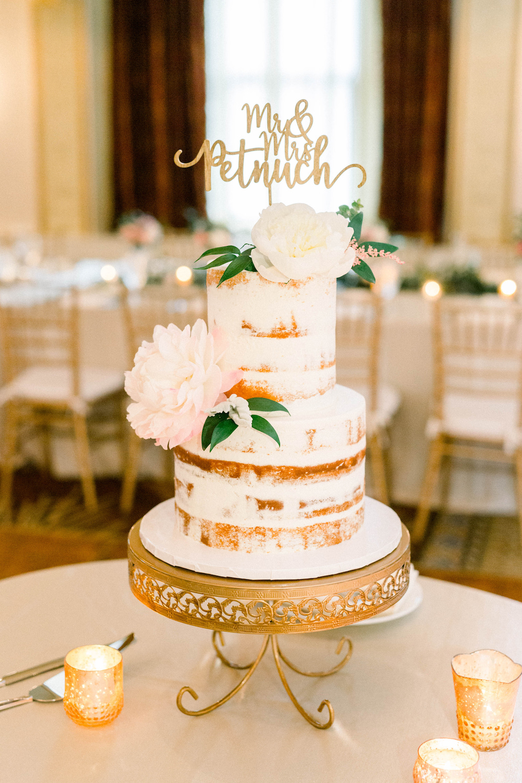 Semi-naked wedding cake: Romantic Fairytale wedding at the Omni William Penn in Pittsburgh, PA planned by Exhale Events. Find more wedding inspiration at exhale-events.com!