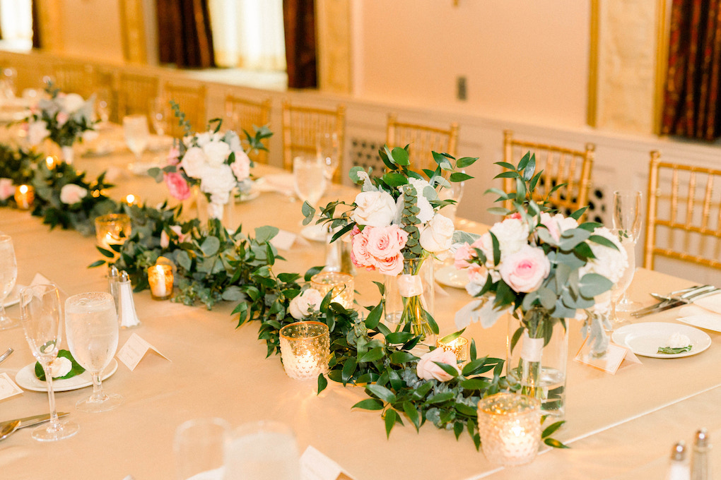 Wedding floral table runner: Romantic Fairytale wedding at the Omni William Penn in Pittsburgh, PA planned by Exhale Events. Find more wedding inspiration at exhale-events.com!
