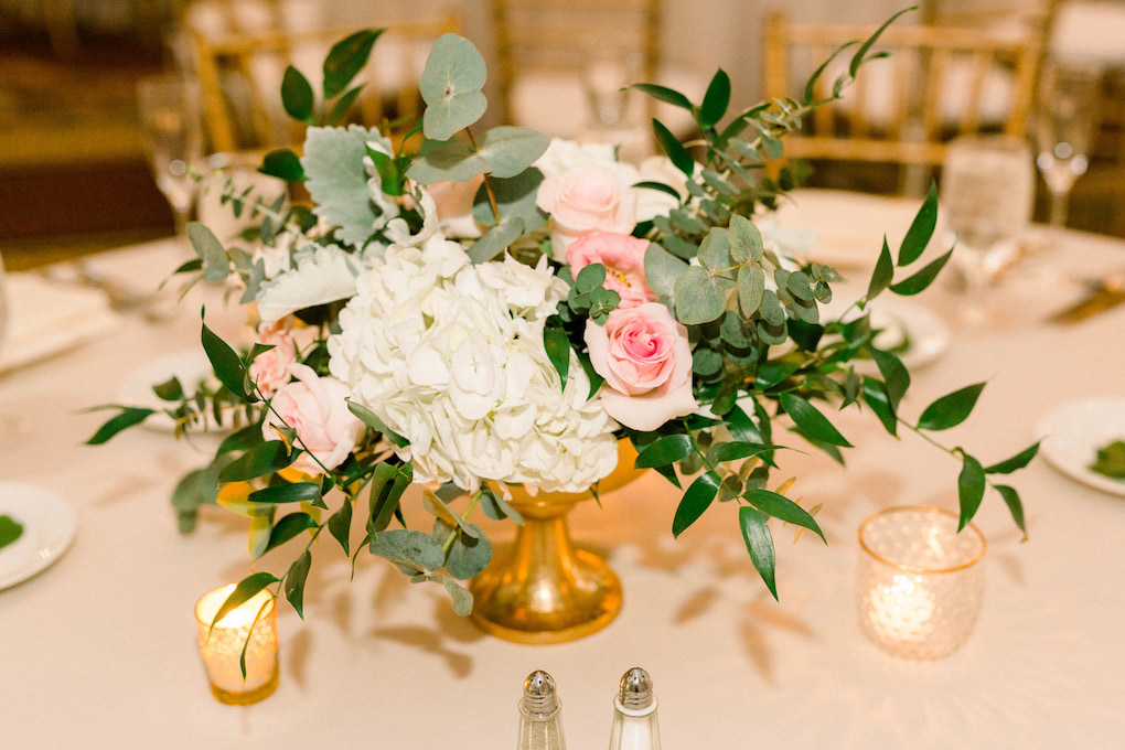 Greenery and pink wedding centerpiece: Romantic Fairytale wedding at the Omni William Penn in Pittsburgh, PA planned by Exhale Events. Find more wedding inspiration at exhale-events.com!