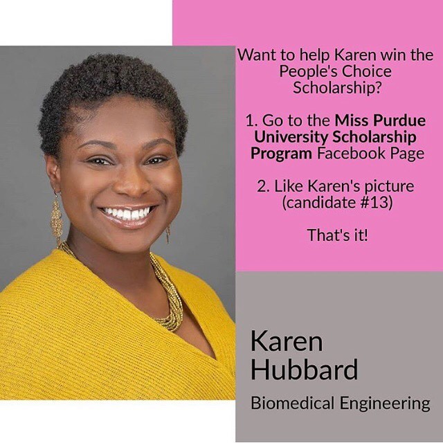 ⚠️#ScholarAlert⚠️ Let's help @kmhubbard__ win the People's Choice Scholarship from the Miss Purdue Scholarship Competition. Karen is a senior Biomedical Engineering student at Purdue. She is also the Region 4 Chairperson for the National Society of B