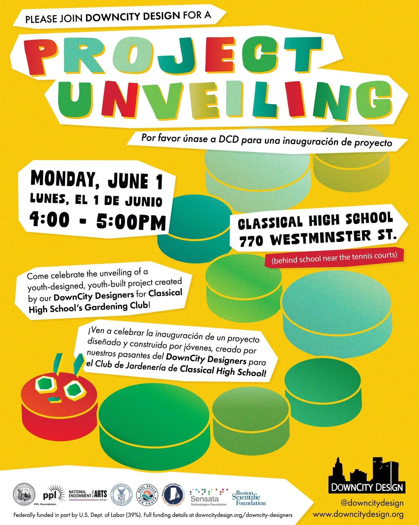 Please join DownCity Design for the unveiling of our latest youth-designed, youth-built project, created by our talented DownCity Designers for Classical High School's Gardening Club 🐛

When: Monday, June 1 | 4-5PM
Where: 770 Westminster St.

Celebr