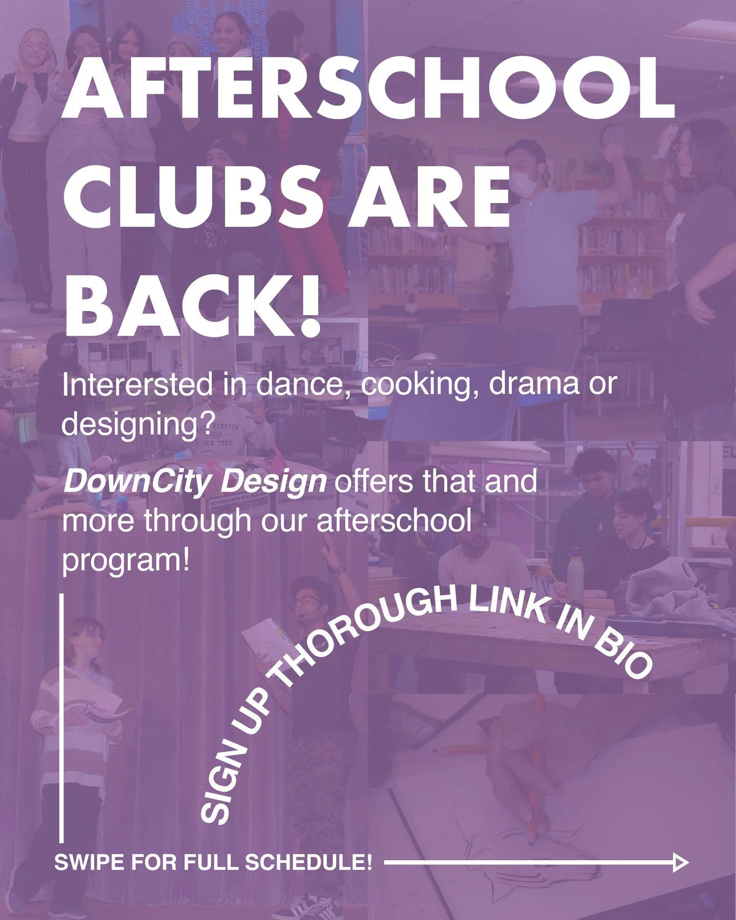 DCD is back with another Fall of exciting afterschool programs! From Dance to Dungeons and Dragons, you can find a new hobby or share yours with new friends. 

Swipe to see this semester's schedule and visit the link in our bio to register!

#downcit