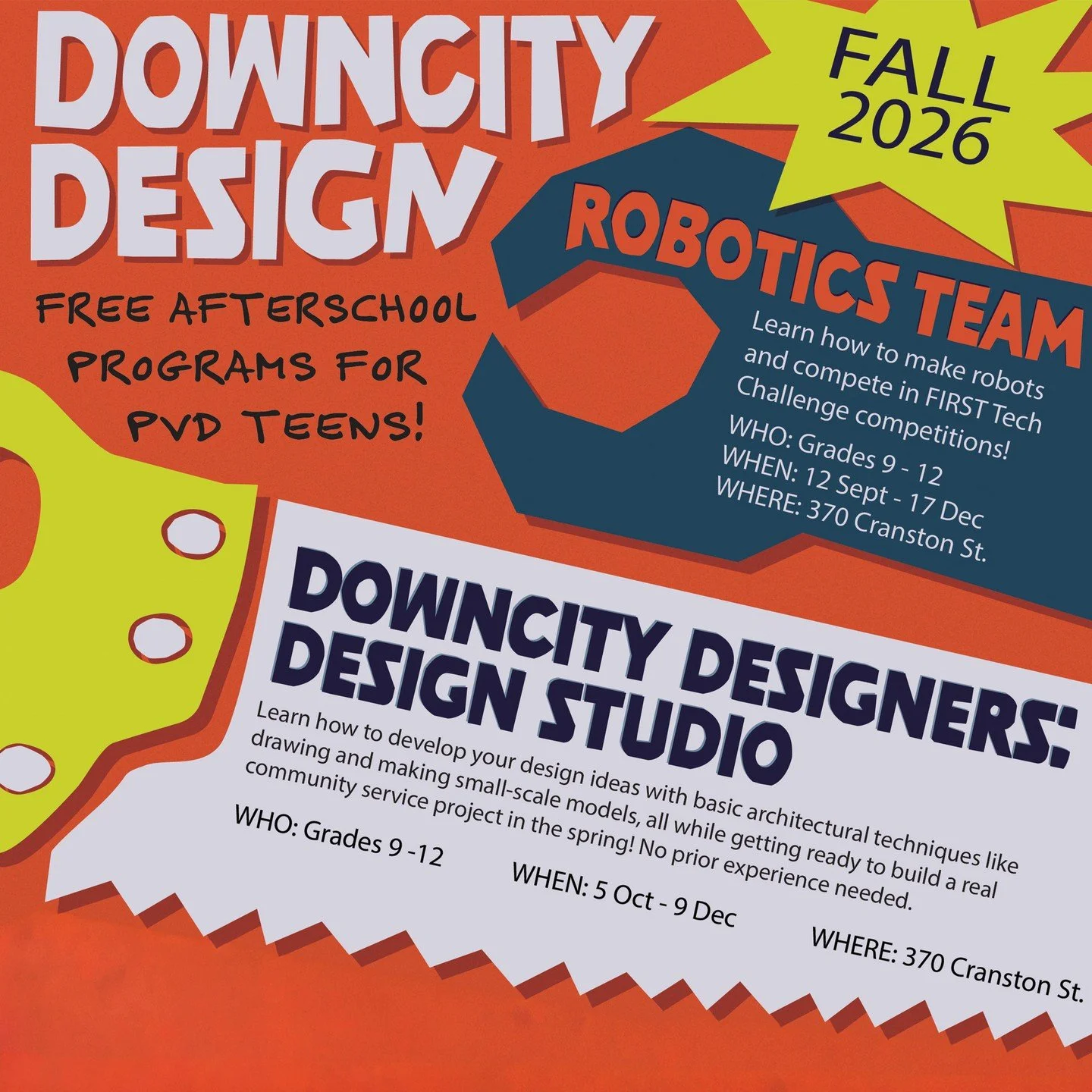Registration is open for DownCity Designers and our after-school FTC Robotics Team!

If you're a Providence teen interested in learning basic architectural techniques like drawing and making small-scale models to develop your design ideas and get an 