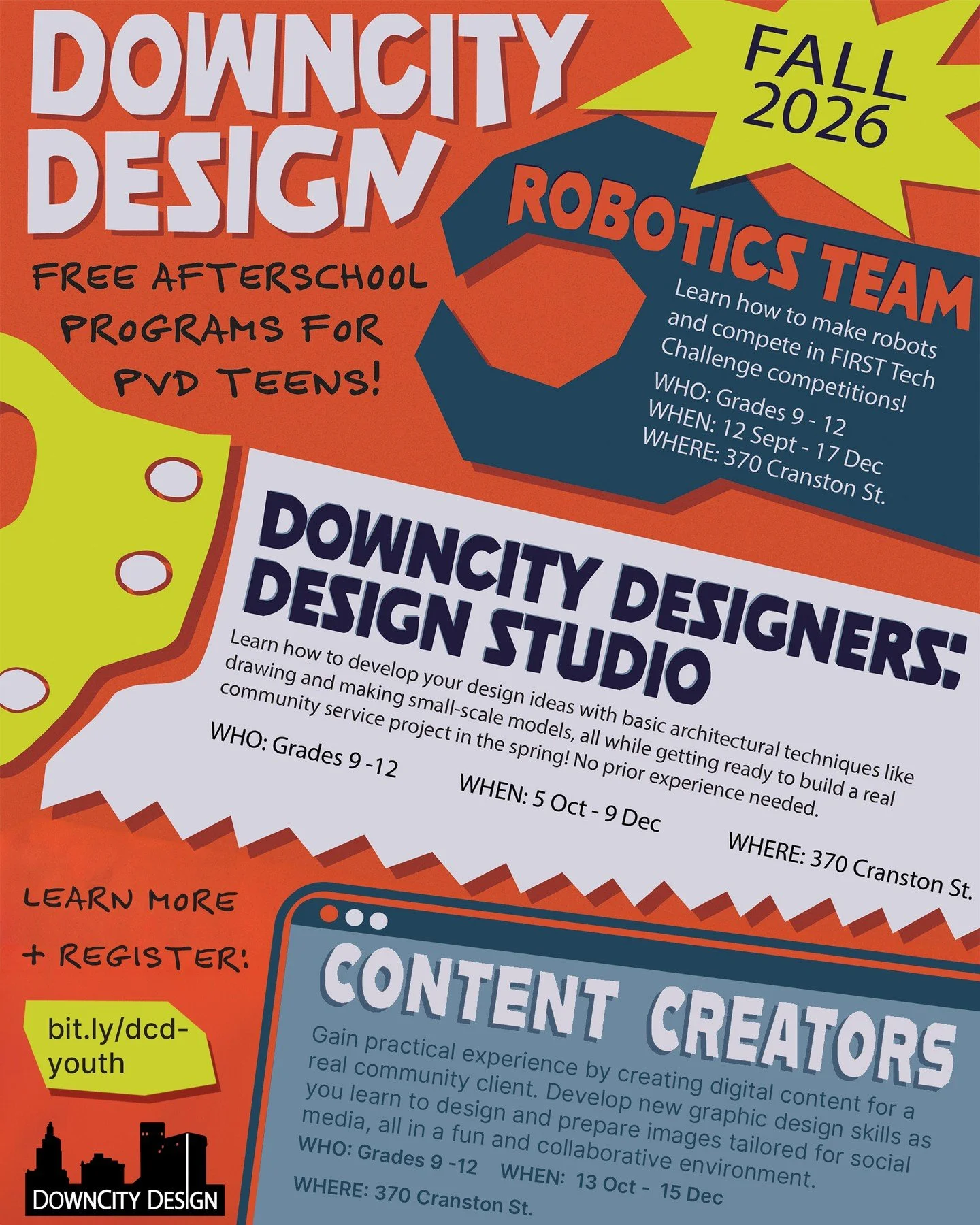 🎉 Calling all Providence teens! Ready to unleash your creativity, build new skills, and join an awesome community?  BONUS: Join any of our afterschool programs and get priority consideration for our competitive paid Summer Design Studio internship!
