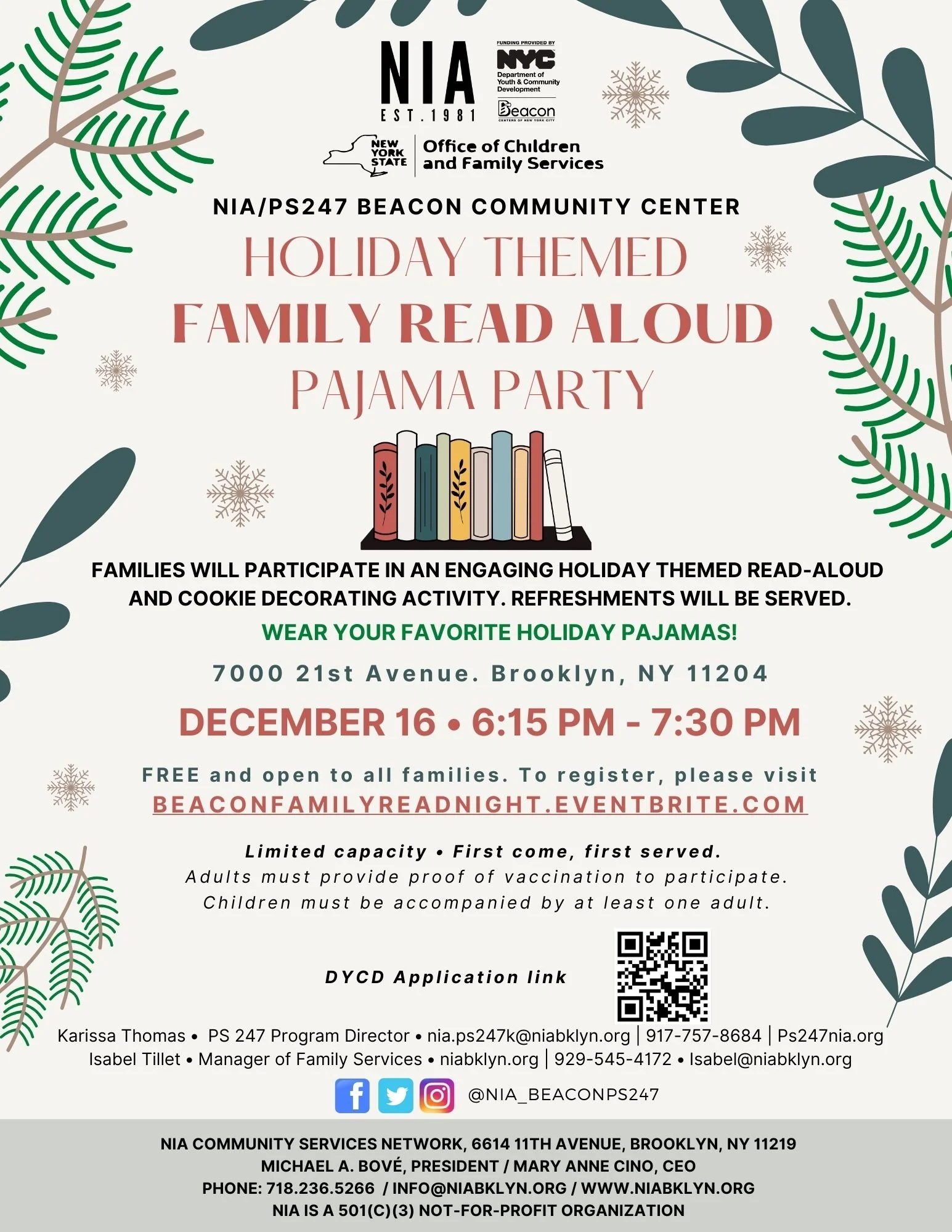 Holiday-Themed Family Read Aloud Pajama Party at PS/247 Beacon Community Center