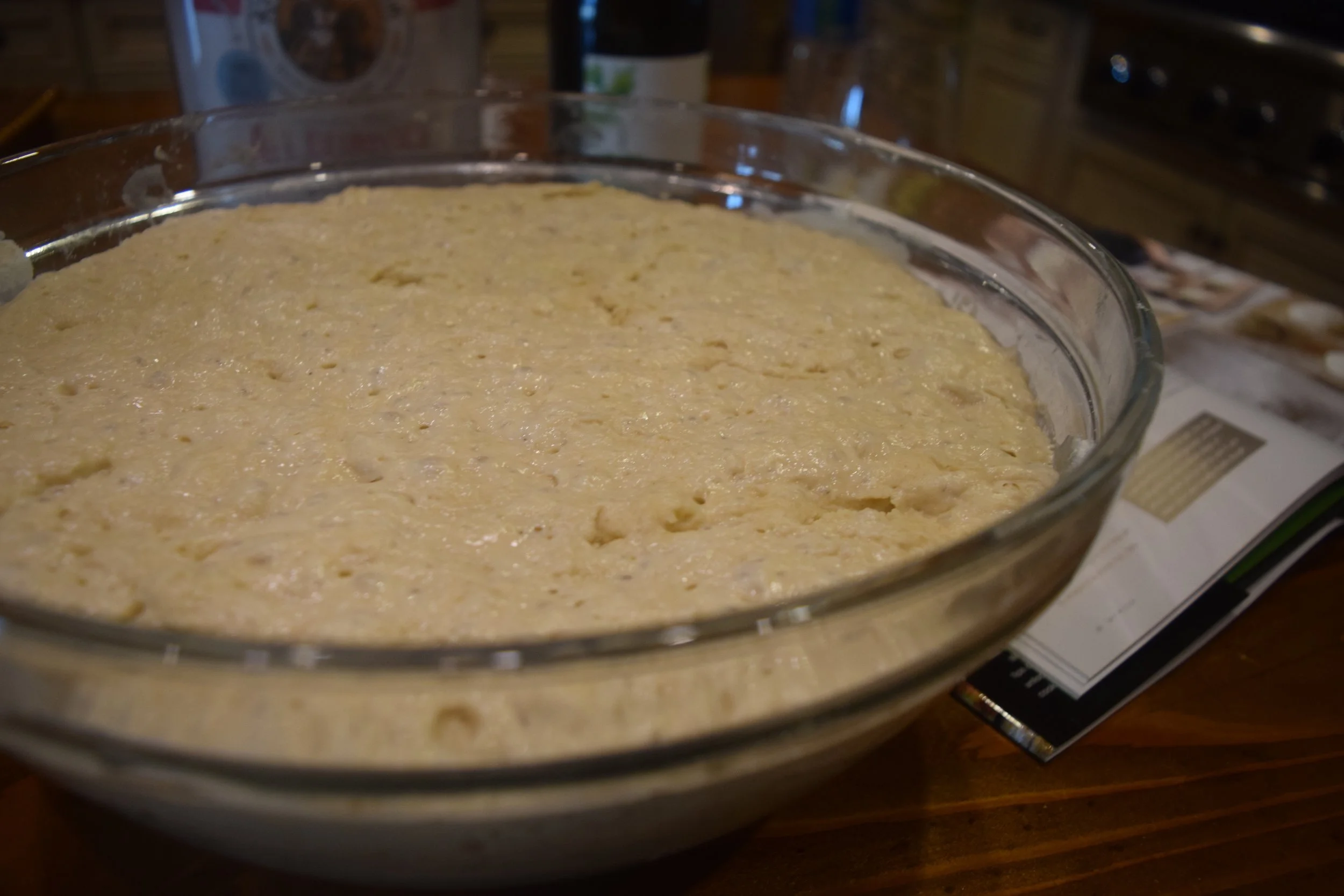 The dough after it was left to rest, covered loosely, for 18 + hours. 