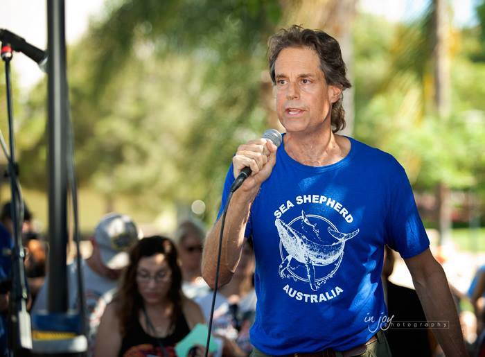 Reese Halter addresses an anti-poaching rally at The Global Elephant, Rhino, Lion March 2015.