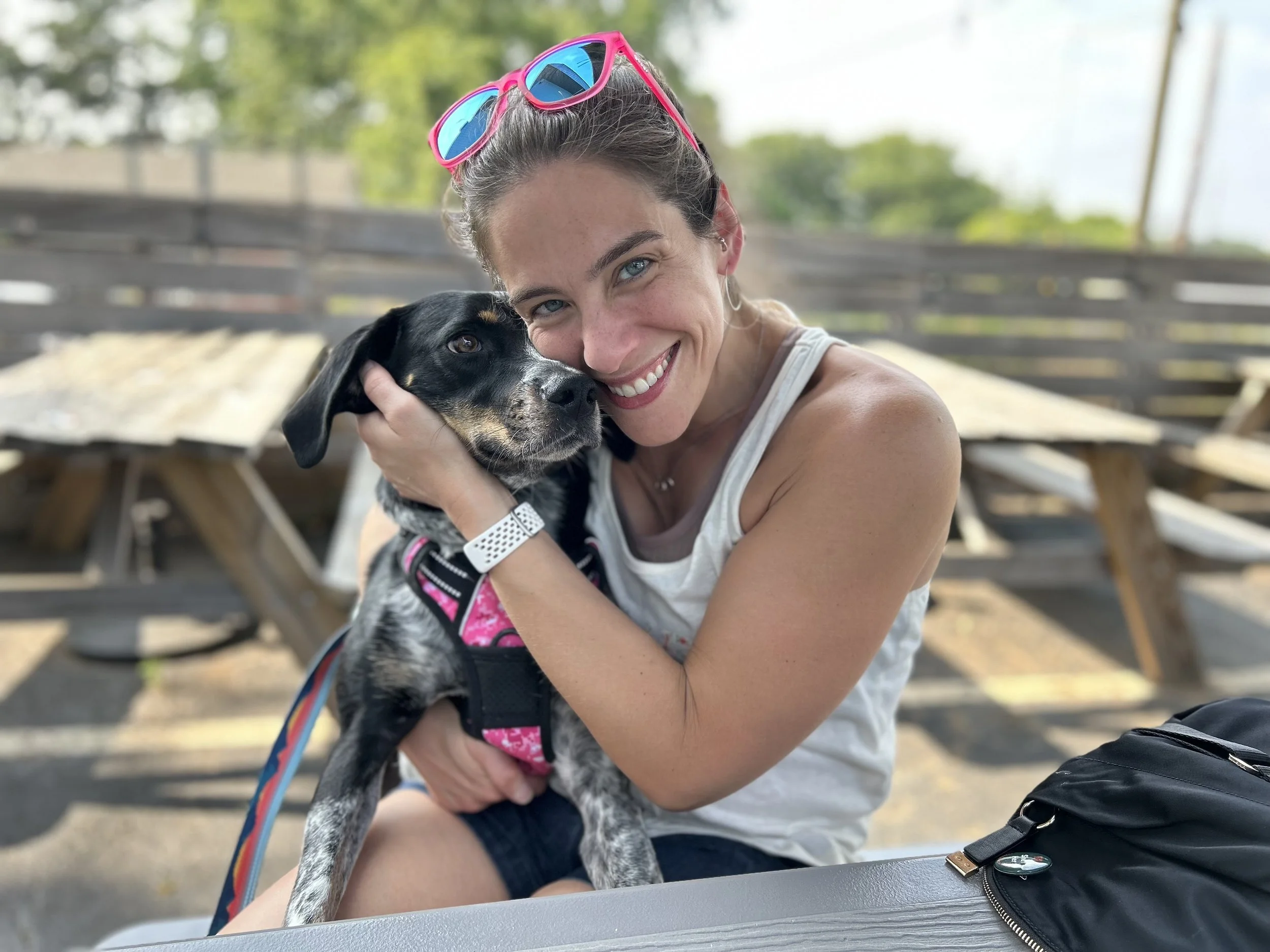 A woman with sunglasses on her head smiling and hugging a black and tan puppy with a pink harness outdoors on a sunny day.