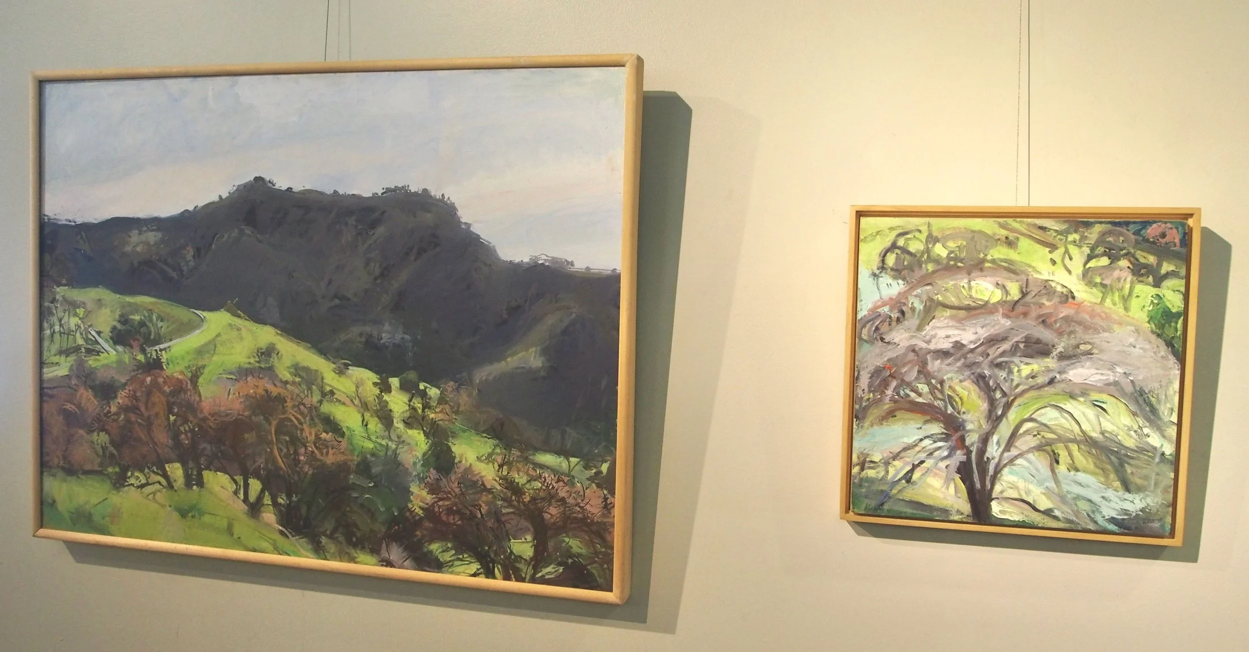 Two paintings on display at Walnut Creek Library Community Gallery. Mt Diablo State Park, oaks in winter