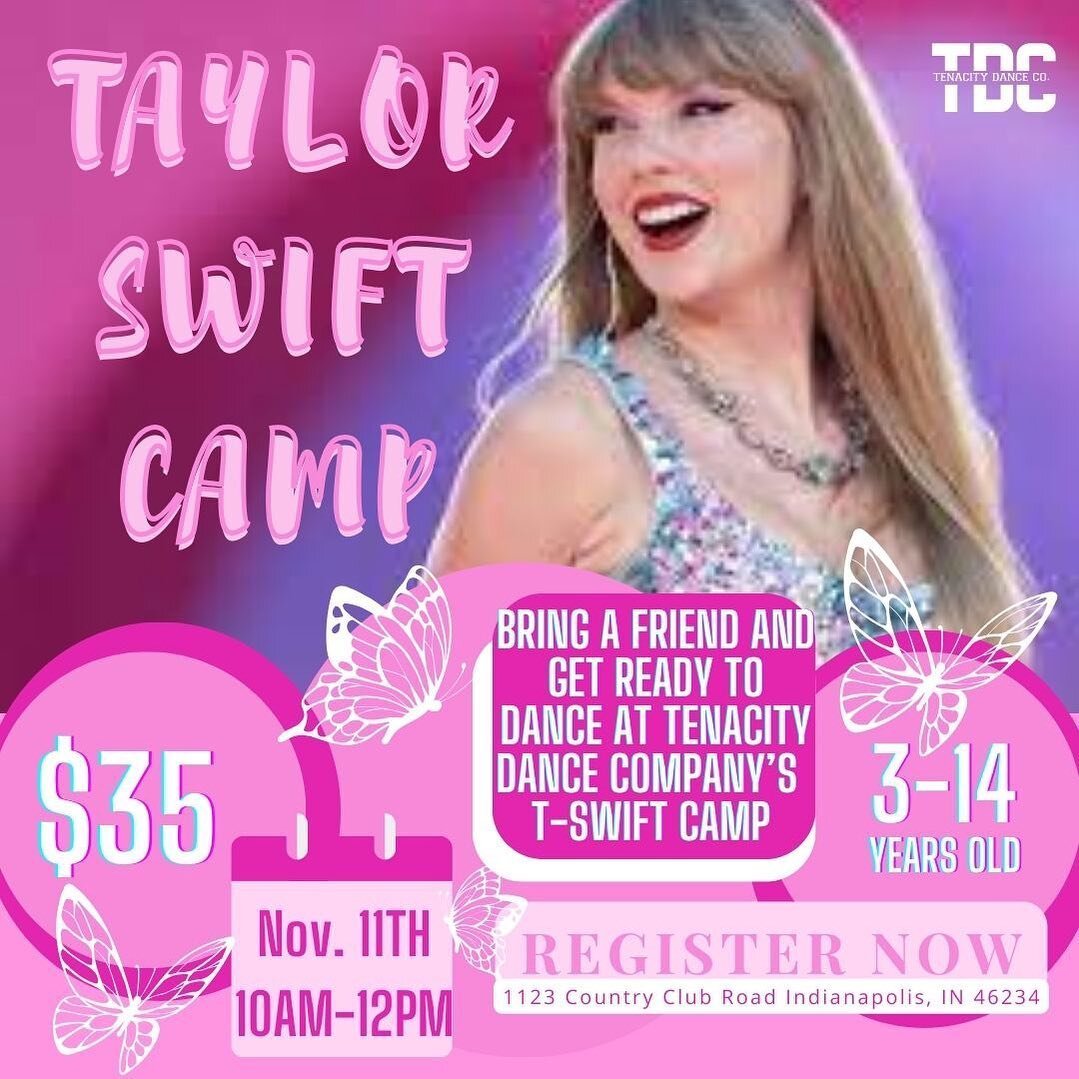 Join TDC this Saturday at Taylor Swift Camp! 

We will be dancing from 10am-12pm! All dancers ages 3-14 are welcome 💖 Use the link in our bio to register! 

$35 per dancer 

1123 Country Club Road Indianapolis, Indiana